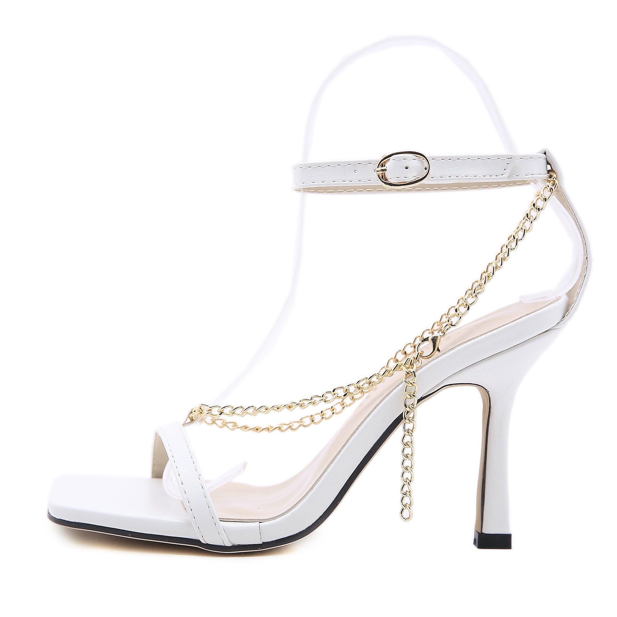 Women's Square Toe Sandals With Stiletto Chain White