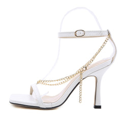 Women's Square Toe Sandals With Stiletto Chain White