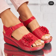 Women's Summer Easy Wear Flower Platform Wedge Festival Sandals Red