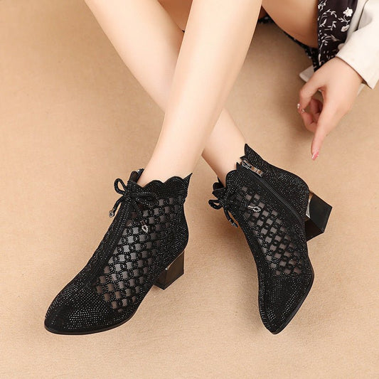 Women's Summer Soft Bottom Cutout Mesh Ankle Boots Black