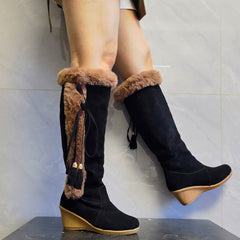 Women's Winter Plush Long Combat Boots with Wedge Sole Orange