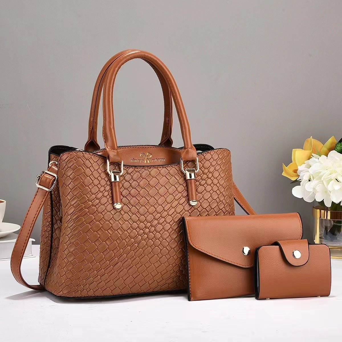 Woven Texture Clutch & Bag Set - Large Capacity Shoulder Bags Yellowish Brown