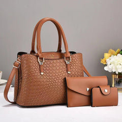 Woven Texture Clutch & Bag Set - Large Capacity Shoulder Bags Yellowish Brown