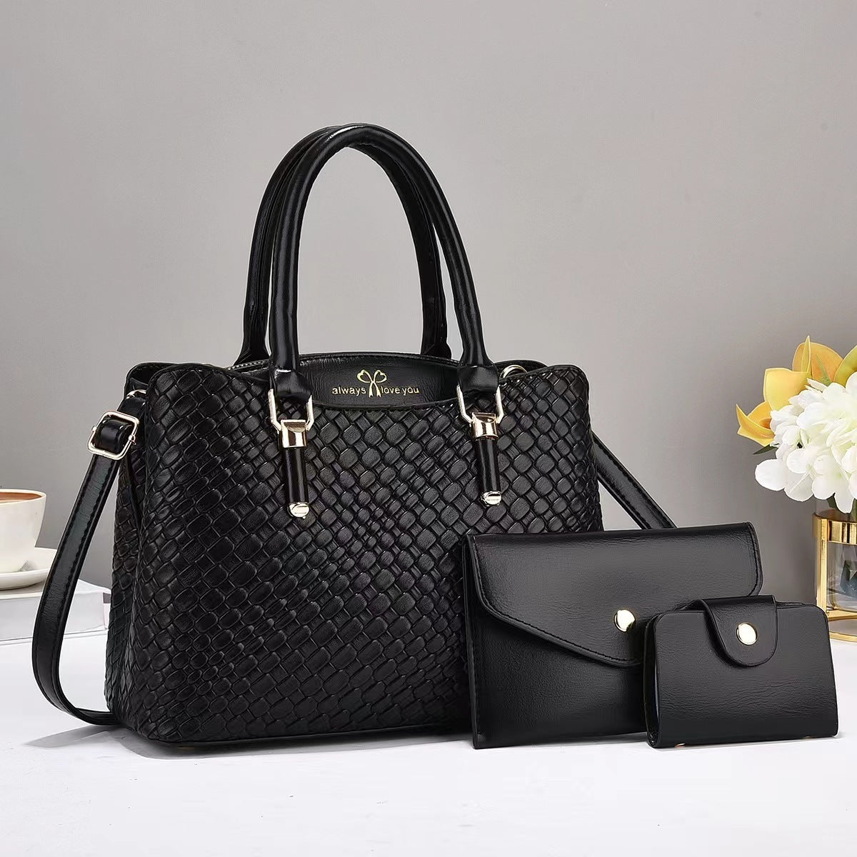 Woven Texture Clutch & Bag Set - Large Capacity Shoulder Bags Black