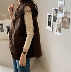 Warm Winter Stylish Knitted Lamb Wool Vest Jacket Woman Coffee