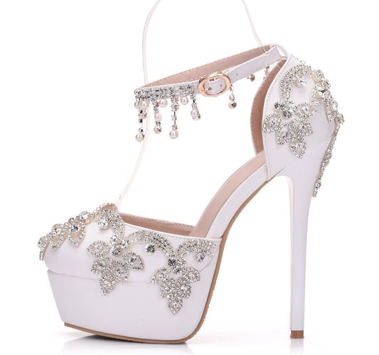 Large size white rhinestone wedding shoes single shoes for women