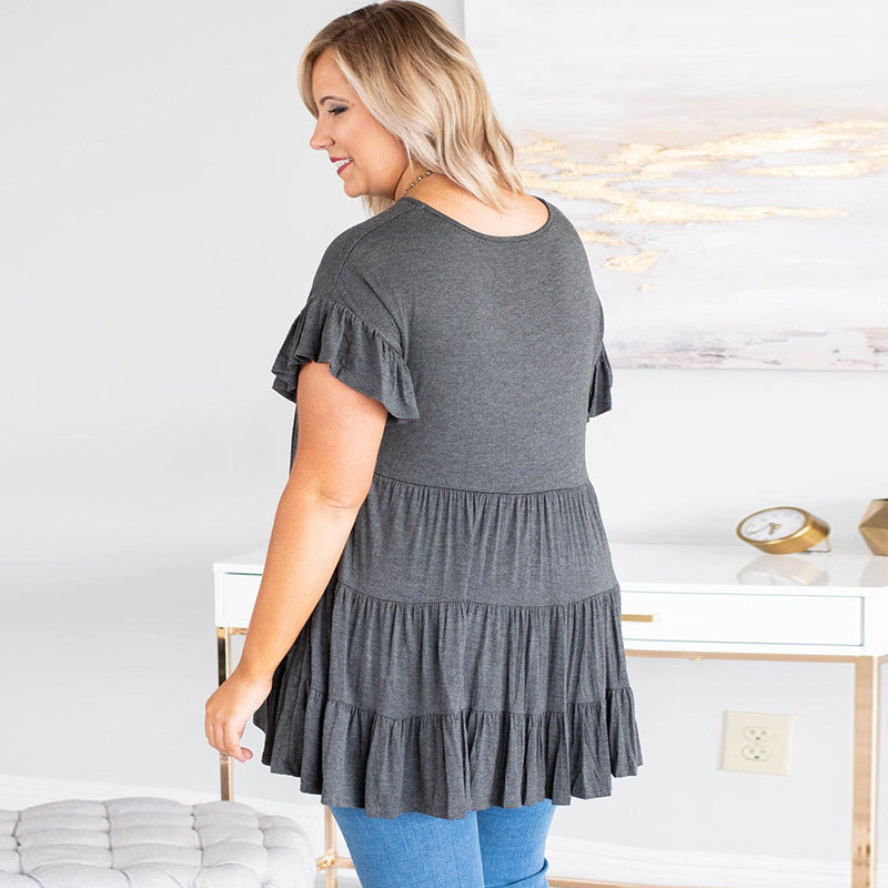 Elegant Ruffles Pleated Pullover T - shirt Gray