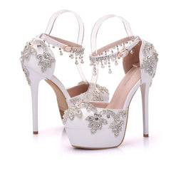 Large size white rhinestone wedding shoes single shoes for women