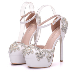 Large size white rhinestone wedding shoes single shoes for women