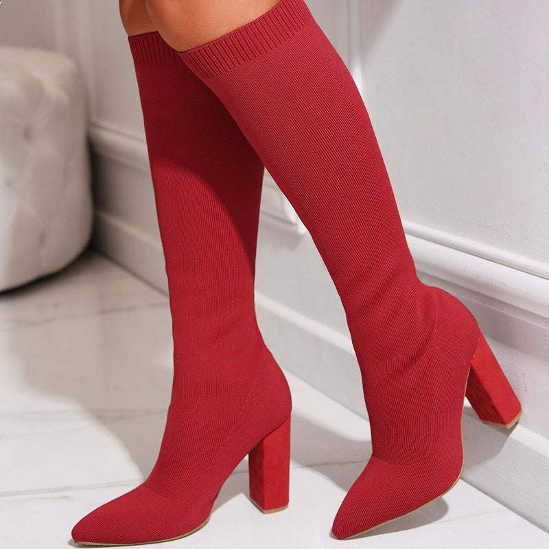 Suede Power Thick High - heeled Thigh Curve - Hugging Boot Women Red