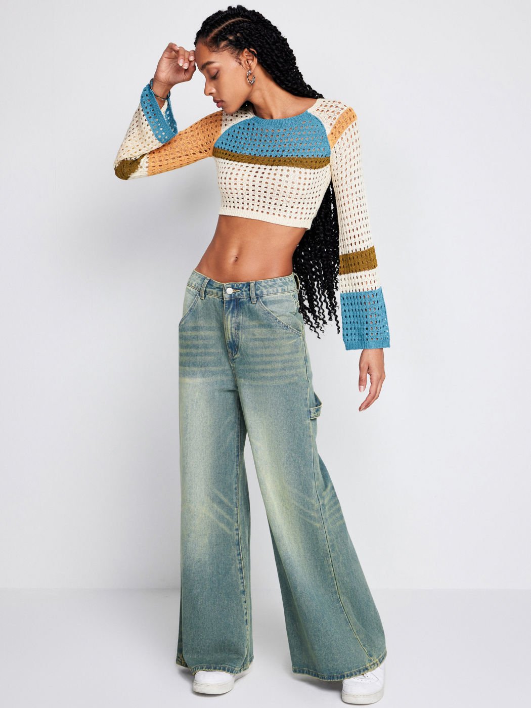 2023 Contrast Stitch Long - Sleeve Hollow Knit Sweater Yellow