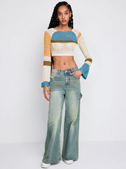 2023 Contrast Stitch Long - Sleeve Hollow Knit Sweater Yellow