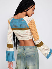 2023 Contrast Stitch Long - Sleeve Hollow Knit Sweater Yellow