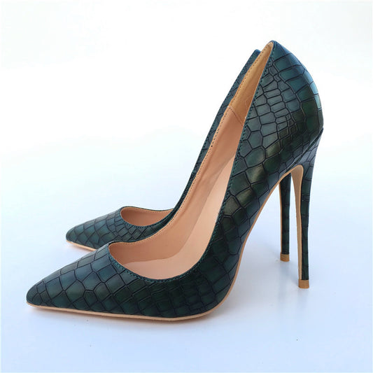 New dark green stone pattern high heels