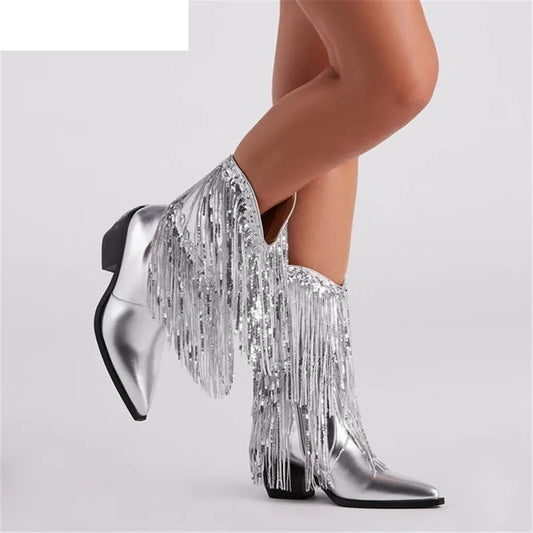 Women's Fashion Runway Chunky Heel Tassel Boots