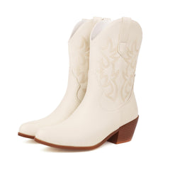 Women's Fashionable Simple Thick Mid Heel Sleeve Embroidered Ankle Boots