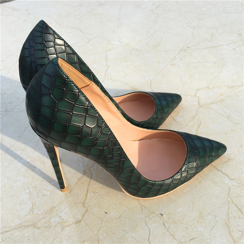 New dark green stone pattern high heels