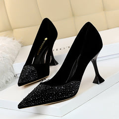 Thin High Heels Cat Heel Suede Shallow Pointed Toe Rhinestone High Heel Party Shoes