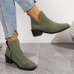 V-cut Side Zipper Boots Printed Square Heel Ankle Boots