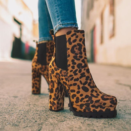 Solid Leopard Print Thick Square High Heel Shoes