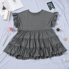 Elegant Ruffles Pleated Pullover T - shirt Gray