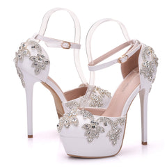 Large size white rhinestone wedding shoes single shoes for women