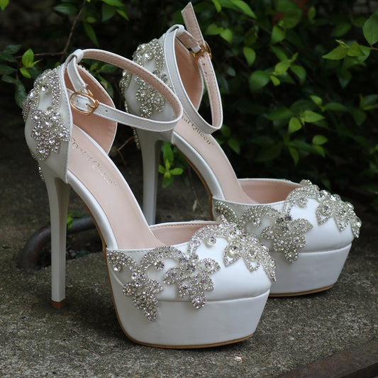 Large size white rhinestone wedding shoes single shoes for women