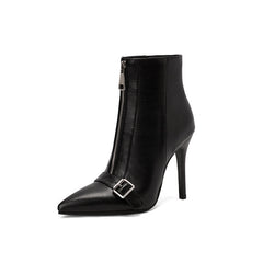 Belt Buckle Front Zipper High Heel Boots