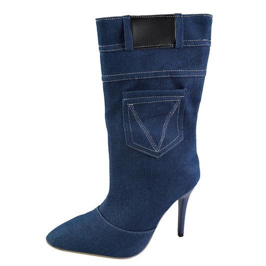 Fashion Denim Boots Women's Stiletto Pointed Toe Western Boots