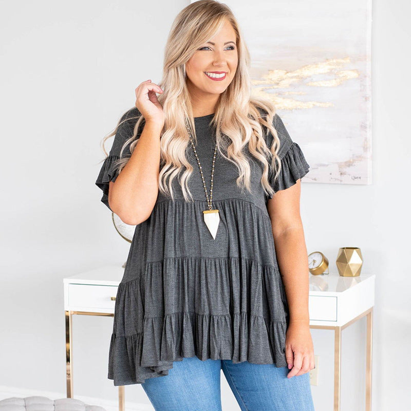 Elegant Ruffles Pleated Pullover T - shirt Gray