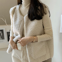 Warm Winter Stylish Knitted Lamb Wool Vest Jacket Woman Apricot