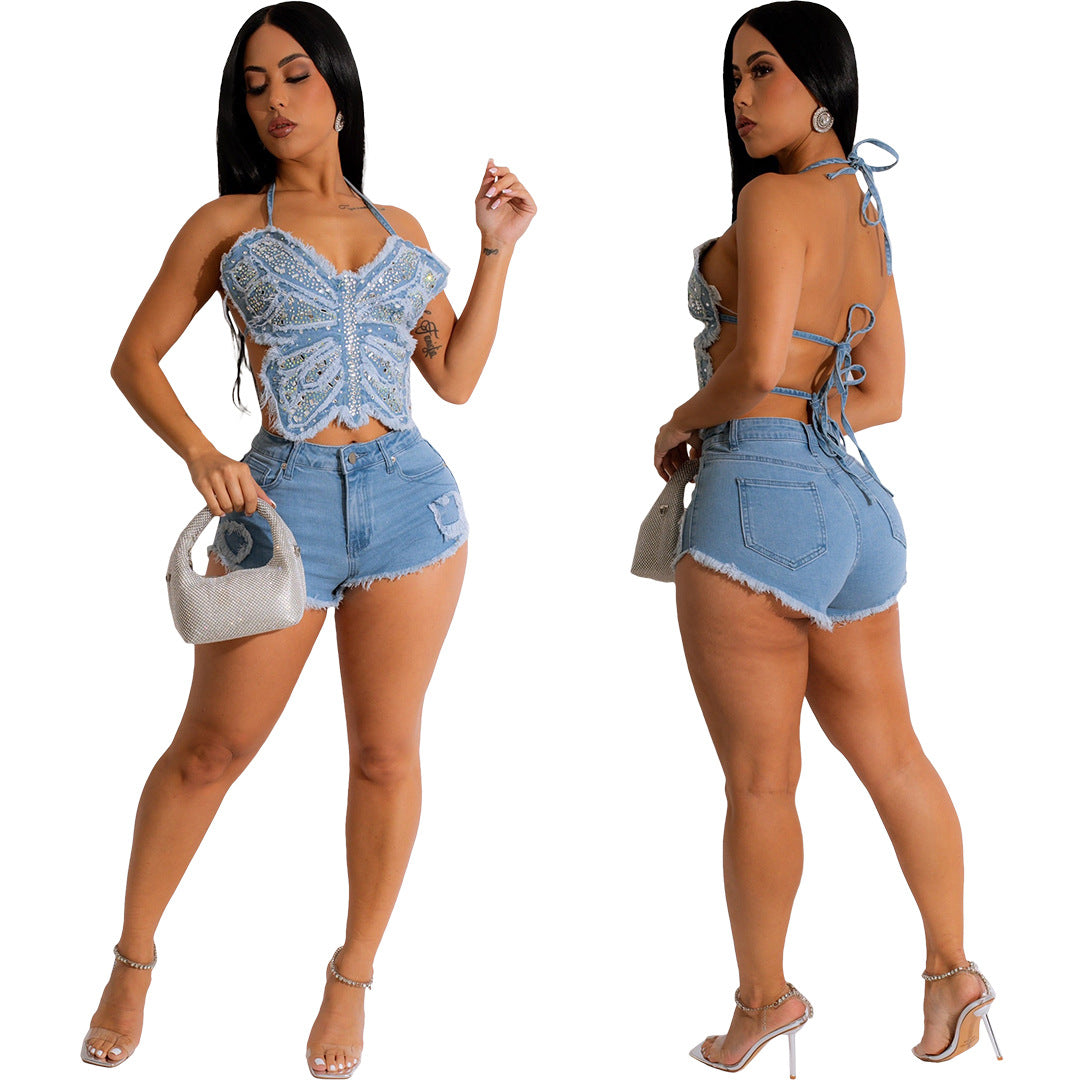 Summer Denim Rhinestone Butterfly Strap Irregular Suit Light Blue