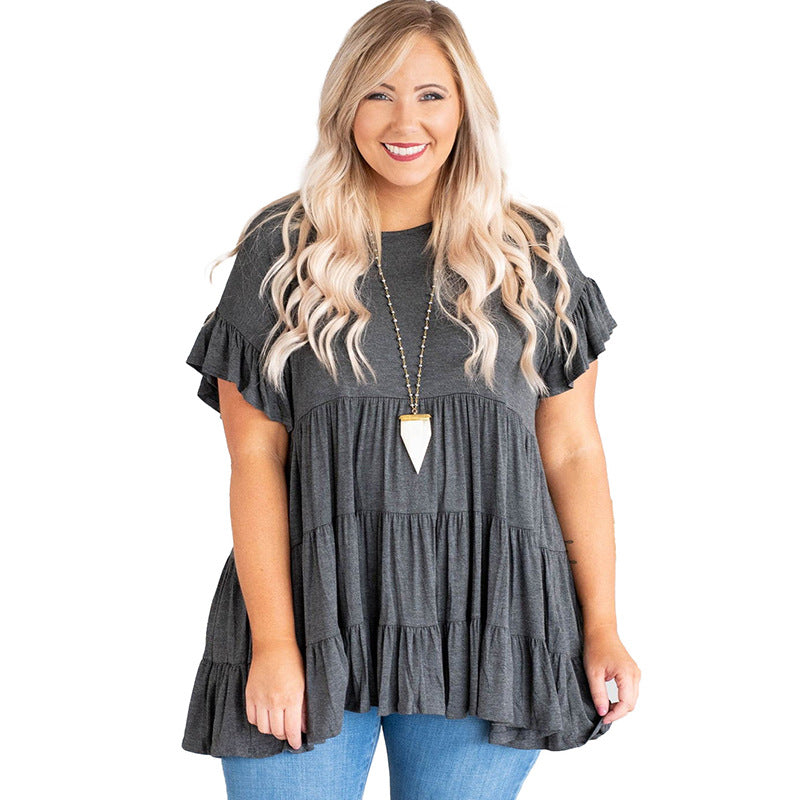 Elegant Ruffles Pleated Pullover T - shirt Gray