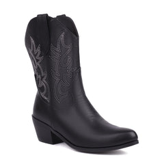 Women's Fashionable Simple Thick Mid Heel Sleeve Embroidered Ankle Boots