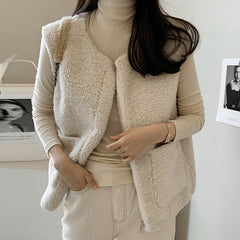 Warm Winter Stylish Knitted Lamb Wool Vest Jacket Woman Apricot