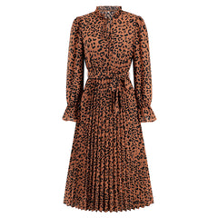 Leopard Print Slim Fit Pleated Skirt with Stand - up Collar for Women Khaki