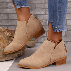 Chunky Heel Pointed Toe Ankle Boots With V-cut