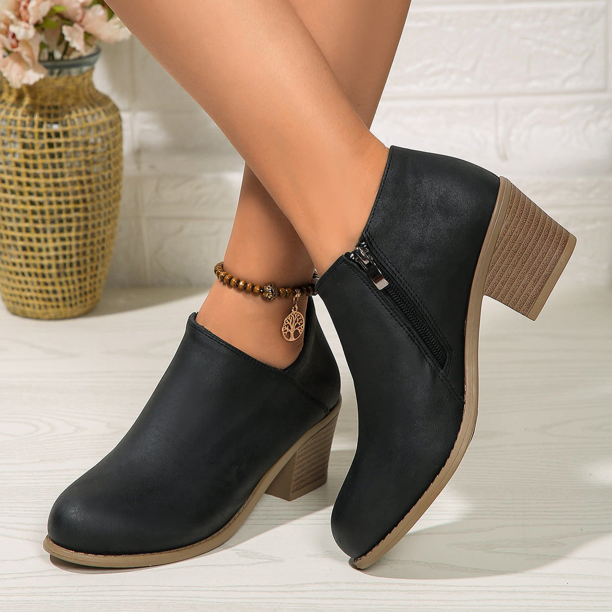 Chunky Heel Round Toe Ankle Boots With Side Zipper Design