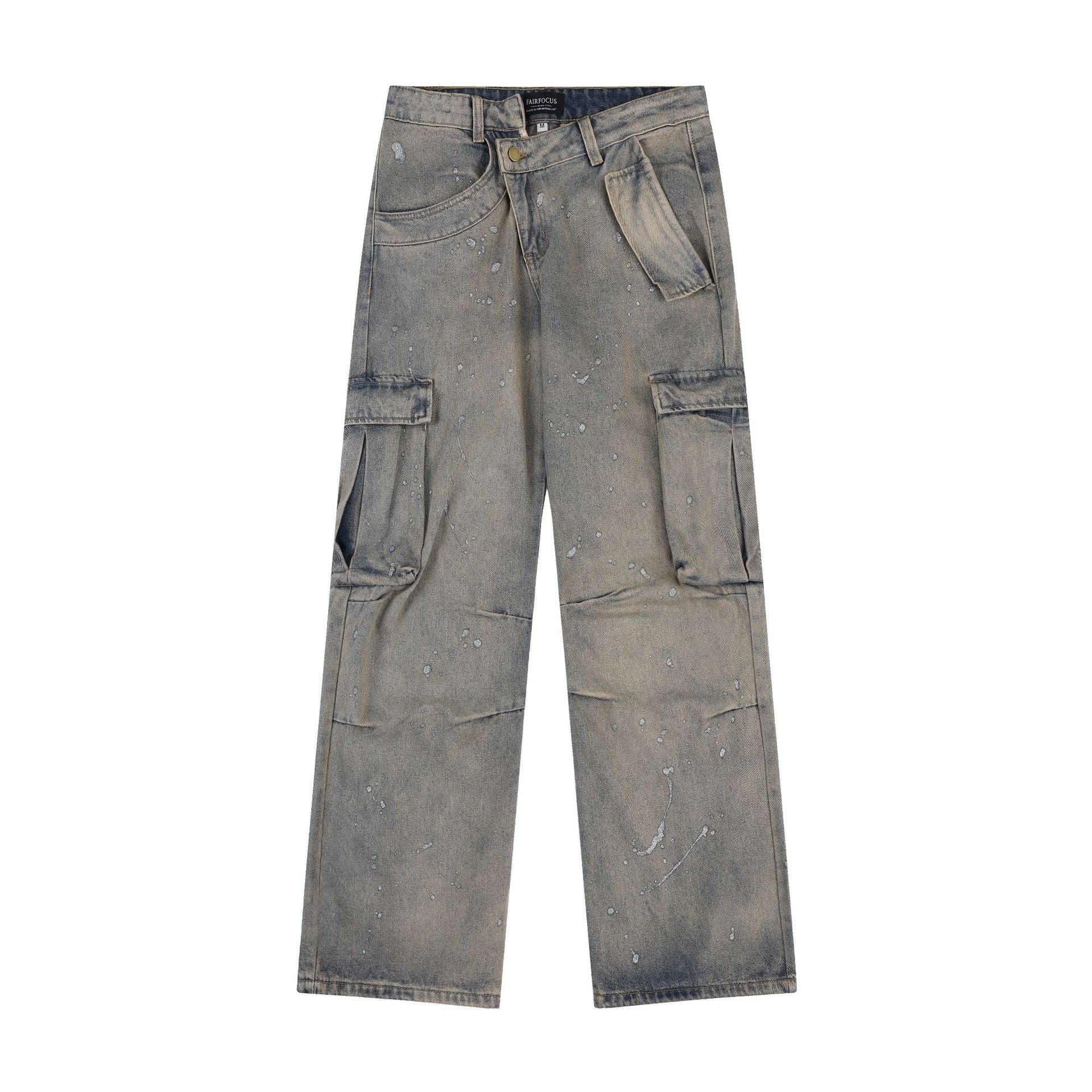 American Street Fashion Retro jeans Wide Leg Cargo Pants Denim Trousers Blue