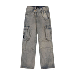 American Street Fashion Retro jeans Wide Leg Cargo Pants Denim Trousers Blue