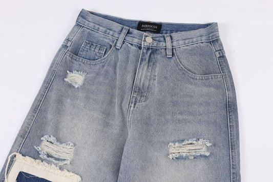 American - style Distressed Heavy Industry Straight Leg Jeans Blue