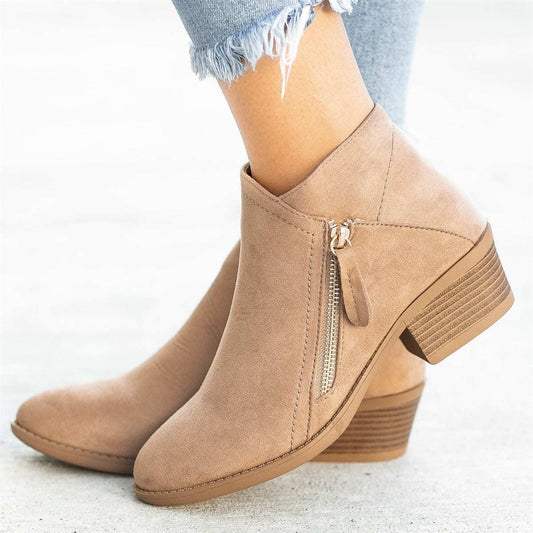 Ankle Boots For Women Low Heels Side Zipper Shoes Beige