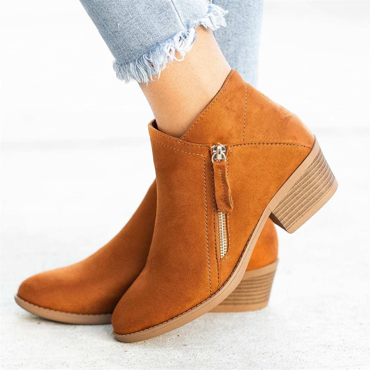 Ankle Boots For Women Low Heels Side Zipper Shoes Orange