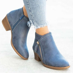 Ankle Boots For Women Low Heels Side Zipper Shoes Blue
