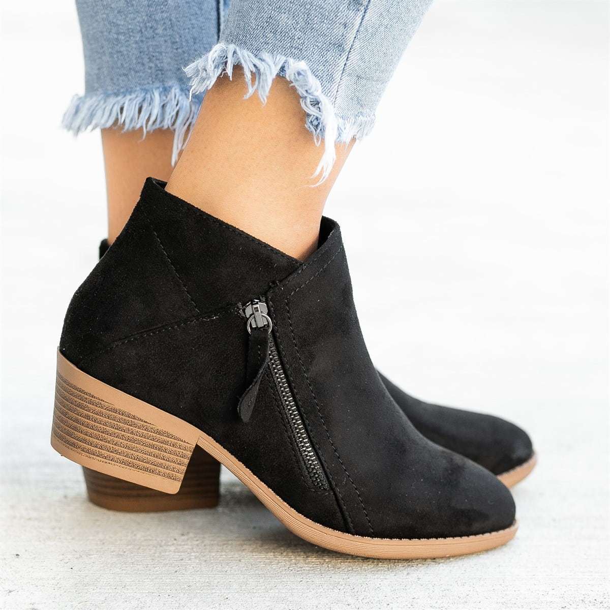 Ankle Boots For Women Low Heels Side Zipper Shoes Black