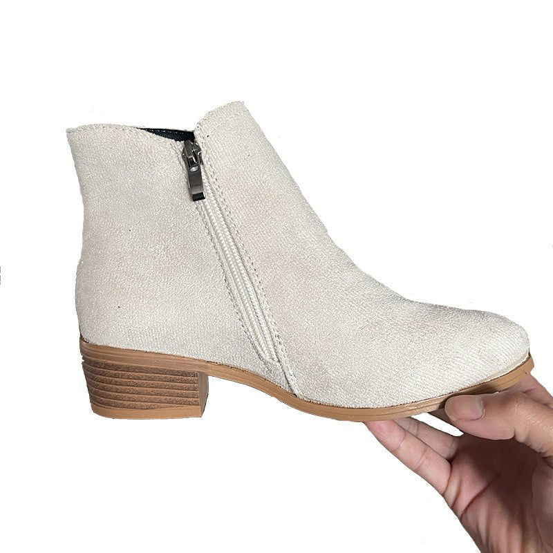 Ankle Boots For Women Low Heels Side Zipper Shoes Beige