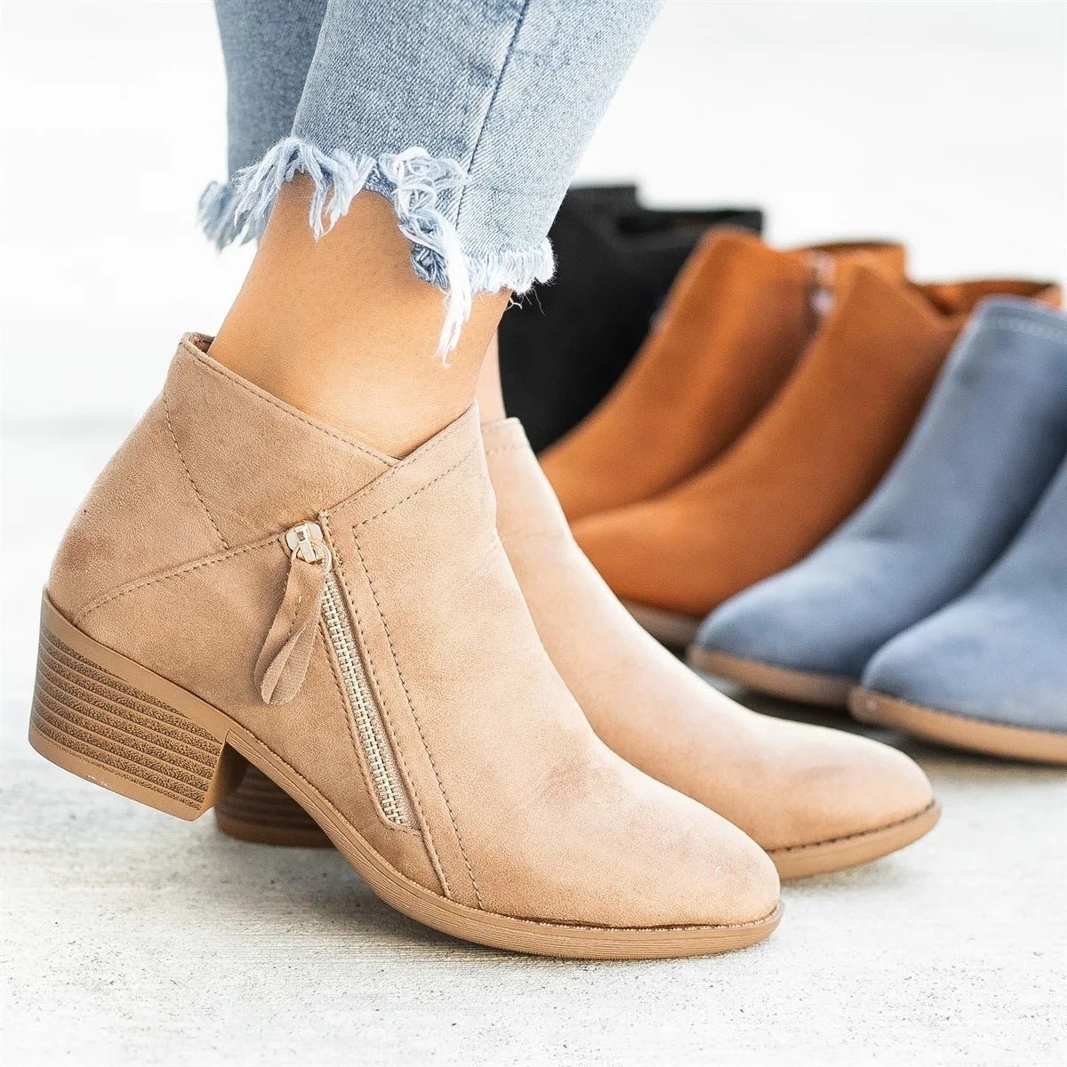 Ankle Boots For Women Low Heels Side Zipper Shoes Beige