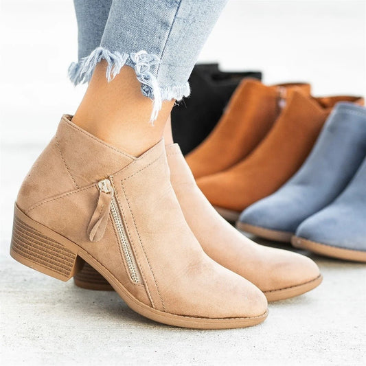 Ankle Boots For Women Low Heels Side Zipper Shoes Beige