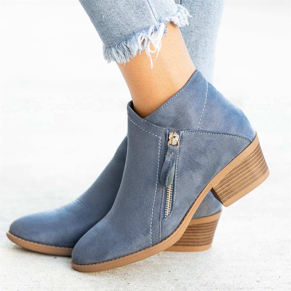 Ankle Boots For Women Low Heels Side Zipper Shoes Blue