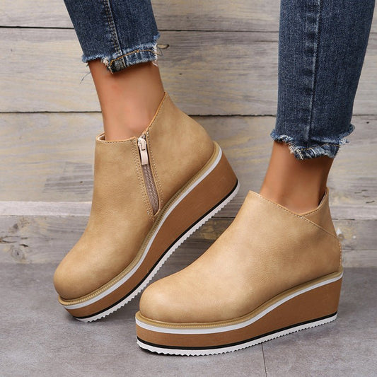 Ankle Boots Women Chunky Block Heel Shoes Gold
